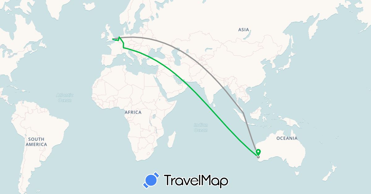 TravelMap itinerary: driving, bus, plane, boat in Australia, Belgium, Switzerland, Germany, France, United Kingdom, Netherlands, Singapore (Asia, Europe, Oceania)